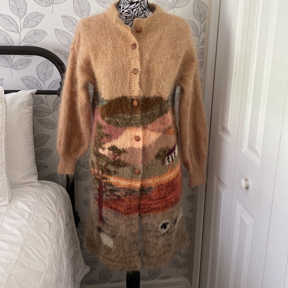 Vintage Susie Lee long mohair cardigan sweater with farm pasture  & sheep motif